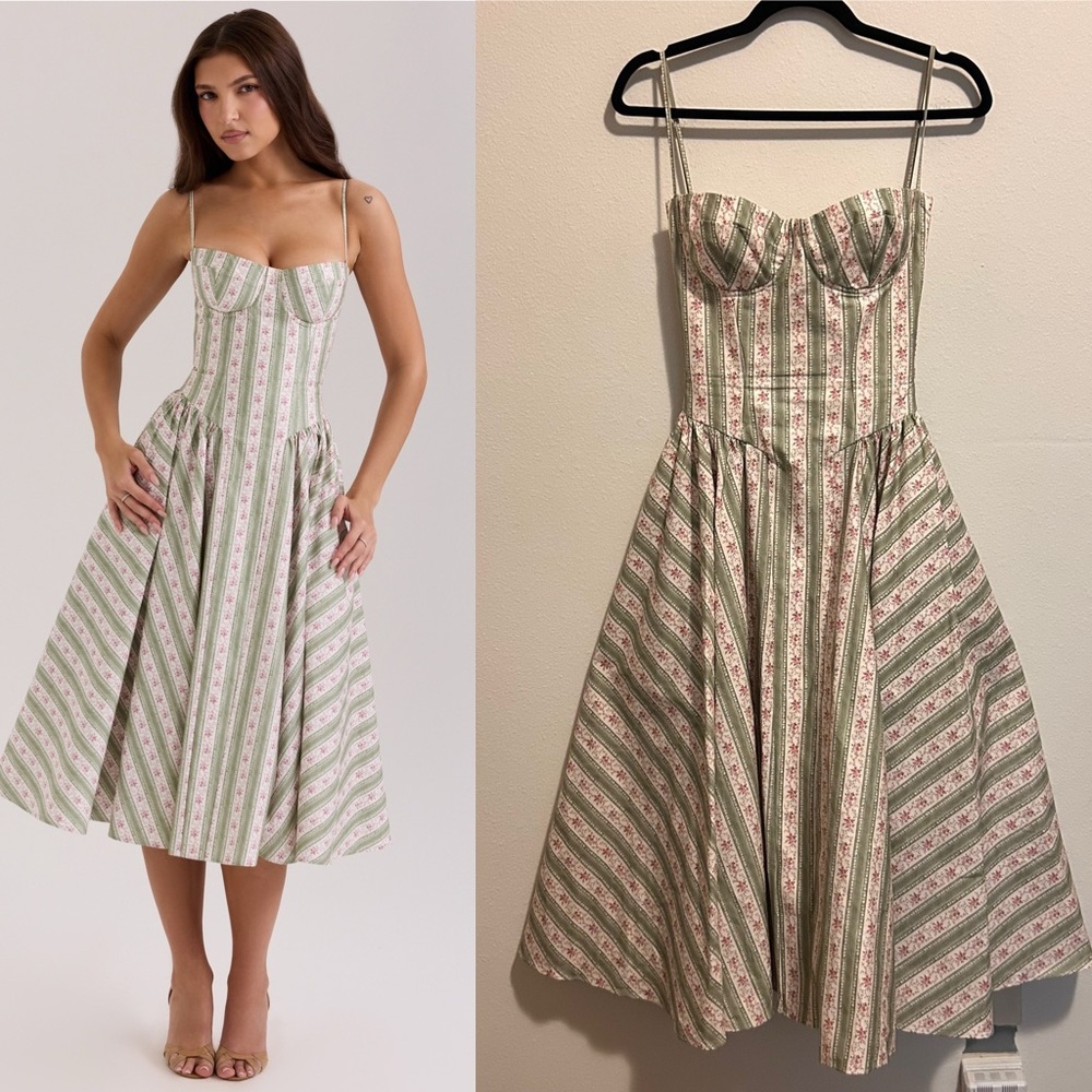 House of CB XS Women’s Samaria Sage Striped Floral Print Cotton Midi Dress